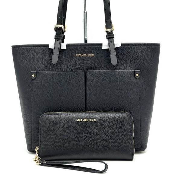 Michael Kors Jet Set Medium Pocket Tote Bag & Continental Wallet Wristlet Black - Picture 2 of 13